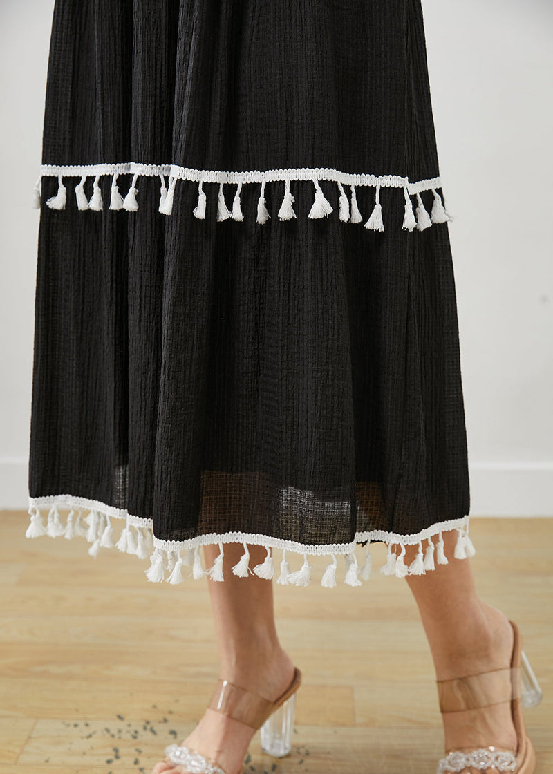 Black Tasseled Cotton Summer Spaghetti Strap Dress