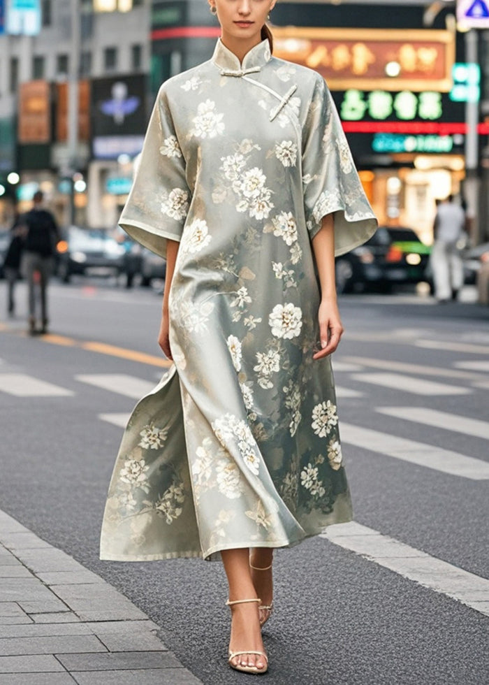 Chinese Style Print Side Open Silk Dress Half Sleeve