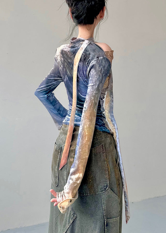 New Blue O-neck Wrinkled Silk Velour Tops Fall