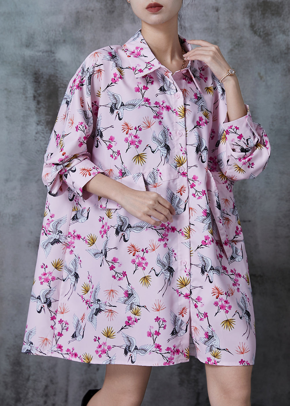 Pink Oversized Red-crowned Crane Print Cotton Blouses Fall
