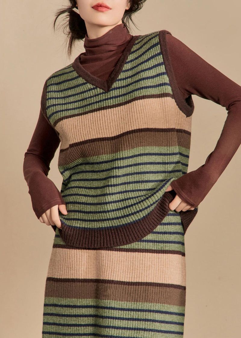 New Green Striped Vest and Skirts Knit Two Pieces Set Sleeveless