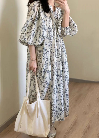 Button Print Tie Waist Cotton Long Dress Summer