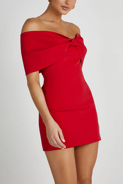 Love Is a Gift Off Shoulder Bow Mini Dress