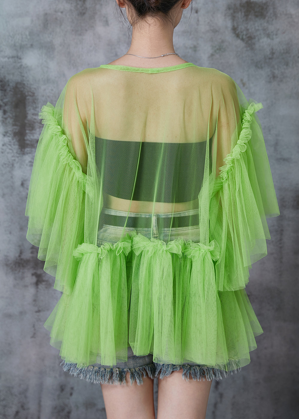 Grass Green Patchwork Tulle Shirt Tops Batwing Sleeve