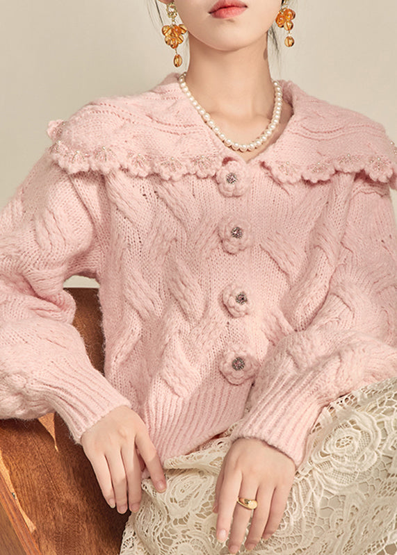 Pink Peter Pan Collar Cotton Knit Cardigans Lantern Sleeve