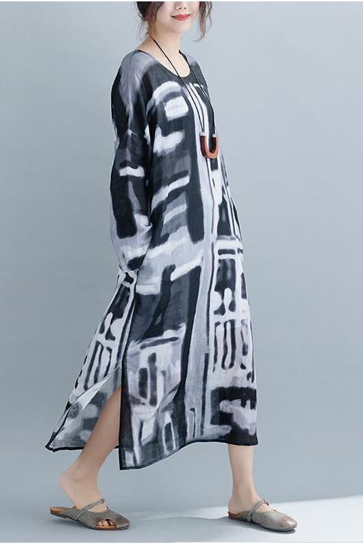 Loose Black Print Loose Linen Maxi Dresses for