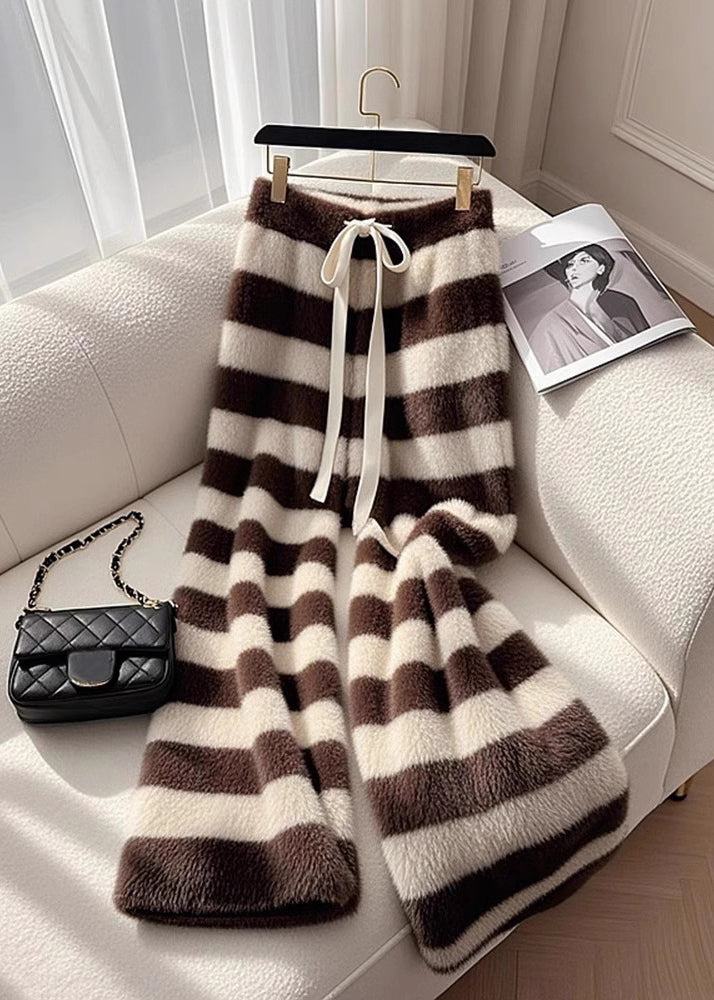 Cozy Coffee Striped Fuzzy Fur Pants Spring
