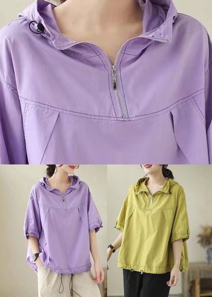 Purple Patchwork Cotton Hooded Top Short Sleeve