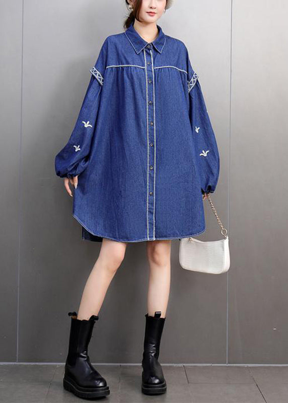 Blue Peter Pan Collar Embroidered Denin Long Shirts Lantern Sleeve