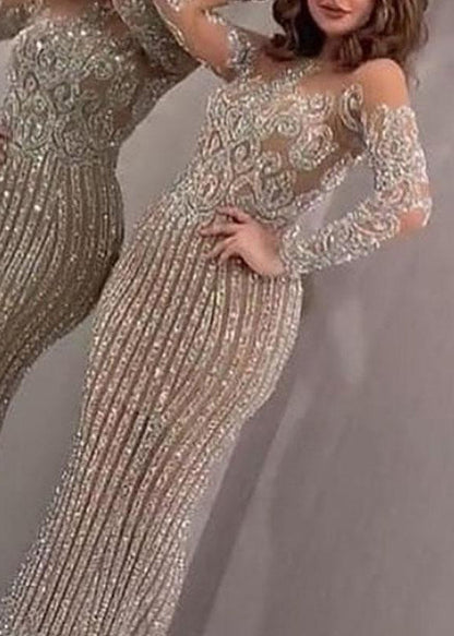 Beige O Neck Sequins Slim Fit Long Dress Spring