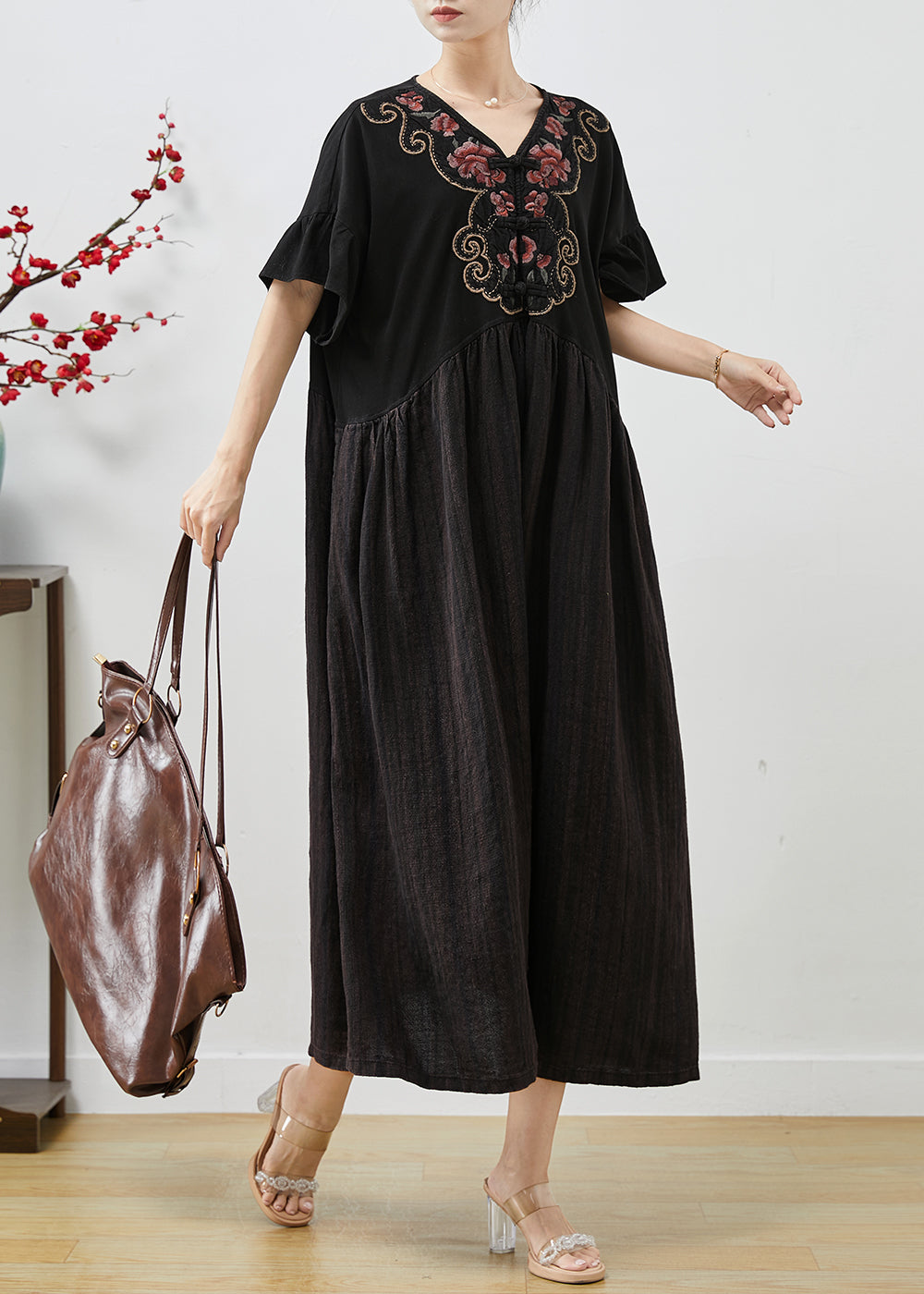 Black Embroidered Patchwork Cotton Long Dress Summer