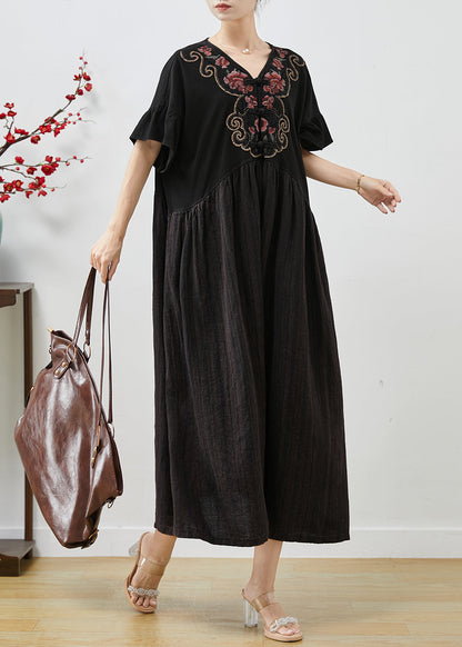 Black Embroidered Patchwork Cotton Long Dress Summer