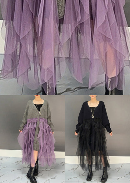 Black Button Patchwork Knit Cardigan Dresses V Neck Winter