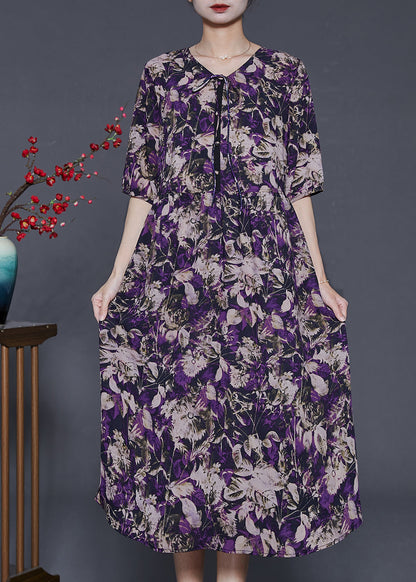 Unique Purple Print Bow Silk Holiday Dress Summer