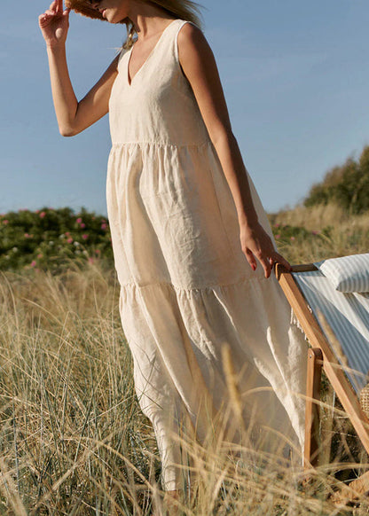 Apricot V Neck Wrinkled Patchwork Cotton Strap Dress Sleeveless