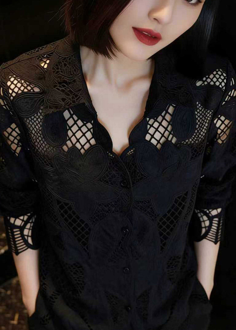 Black Hollow Out Lace Shirt Long Sleeve