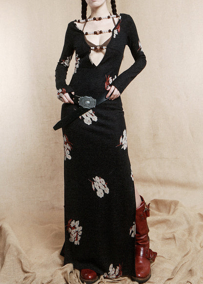 Black Beading Wear on Both Sides Cotton Dress Long Sleeve