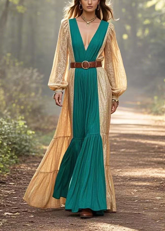 Stylish Colorblock Deep-v Neck Patchwork Cinched Dress Spring