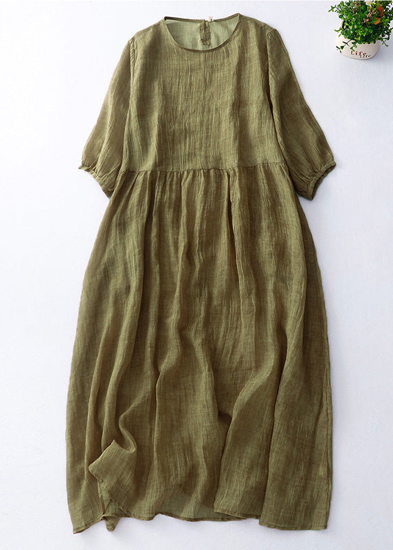 Green O-neck Patchwork Linen Maxi Dress Short Sleeve