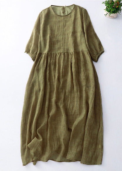 Green O-neck Patchwork Linen Maxi Dress Short Sleeve