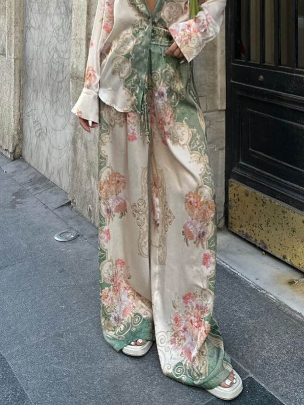Oversized Loose Unique Printed Stretch Waist Wide Leg Pants
