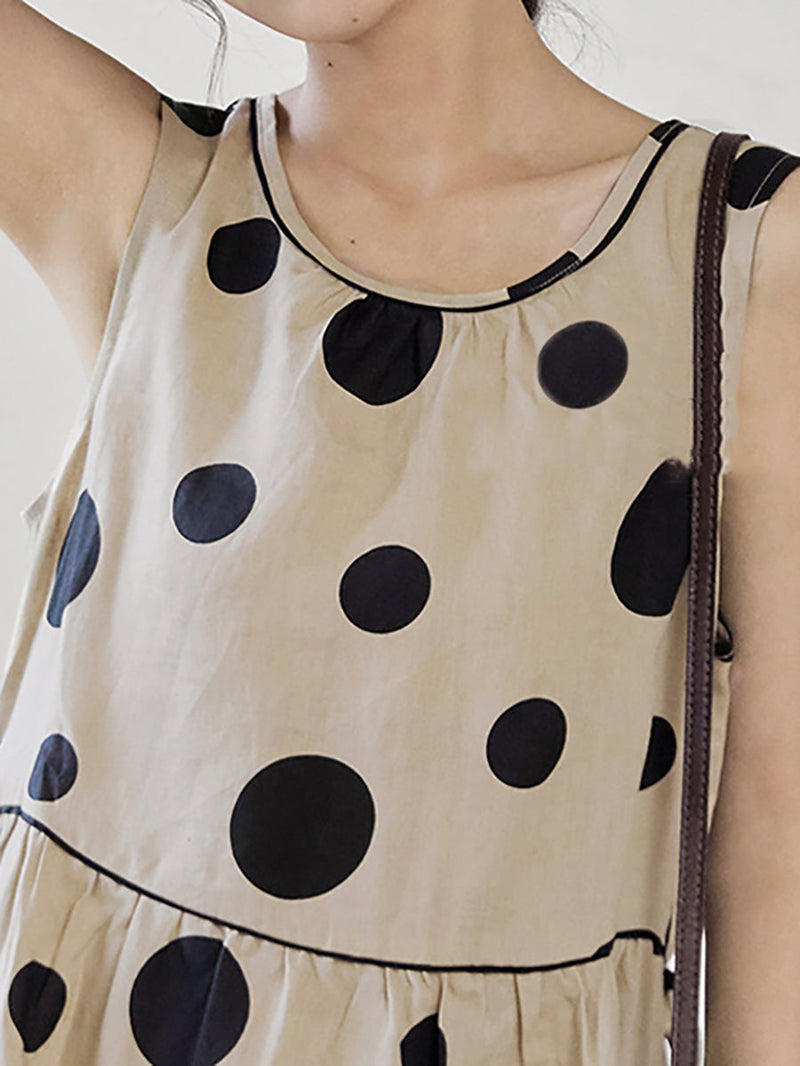 Summer Dot Drawstring Linen Vest Dress