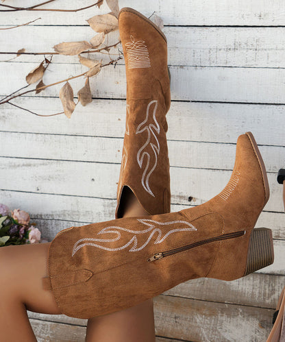 Brown Pointed Toe Zippered Splicing Suede Middle Boots