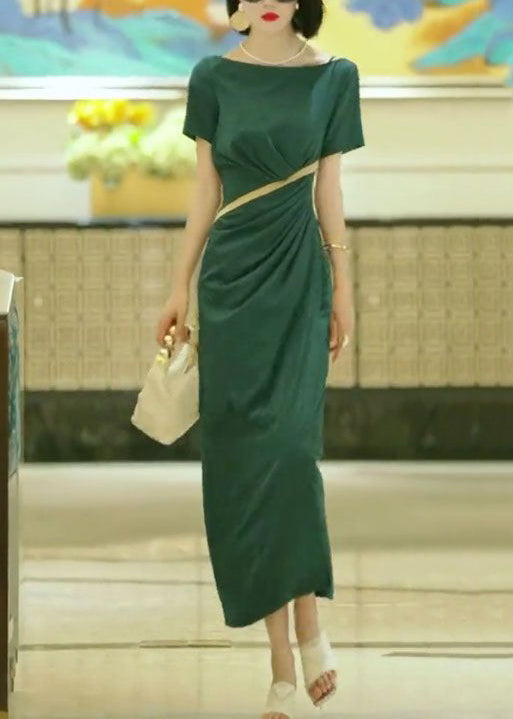 Green Slash Neck Slim Fit Cotton Dress Summer