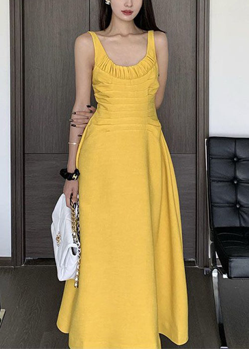 Yellow Wrinkled Cotton Spaghetti Strap Dress Sleeveless