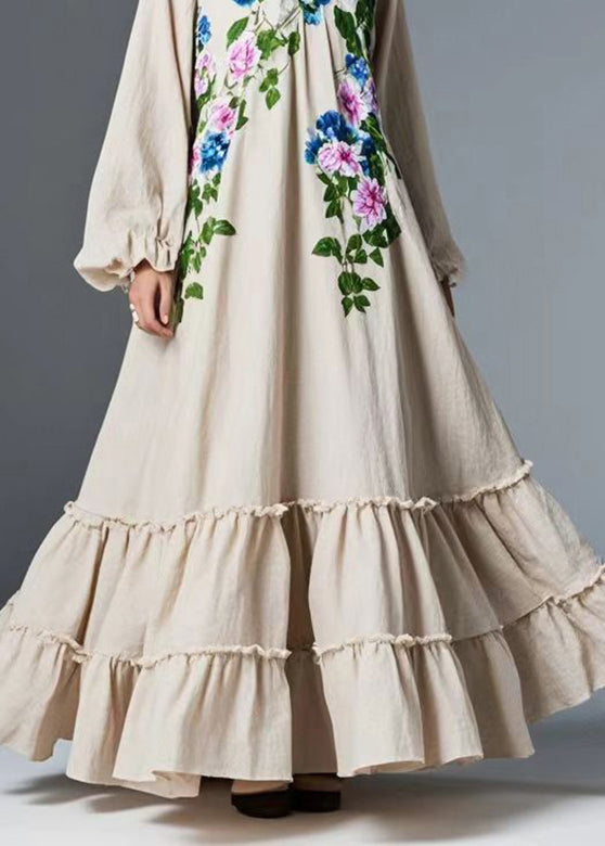 Natural Beige Ruffled Exra Large Hem Cotton Maxi Dresses Fall