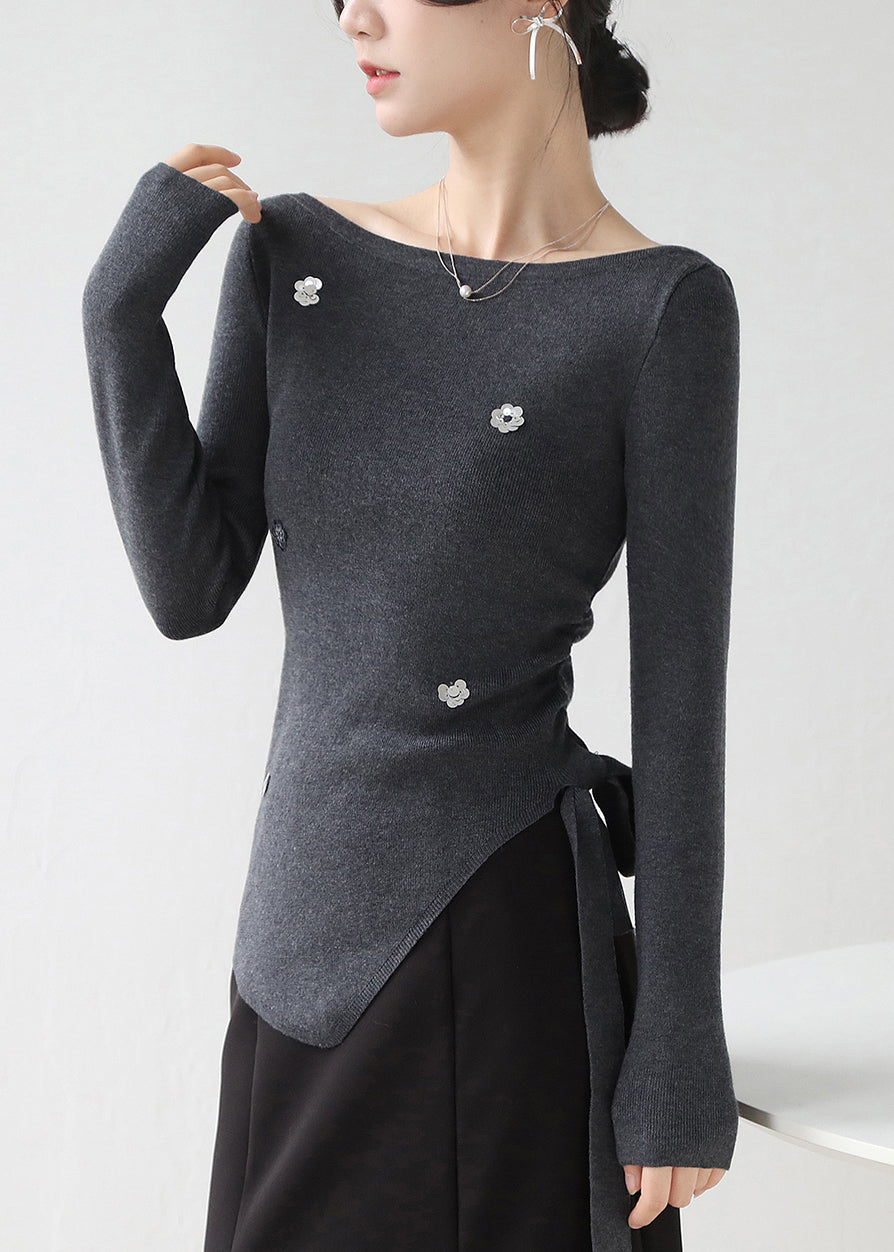 French Dark Grey Asymmetrical Sequins Knit Sweater Winter