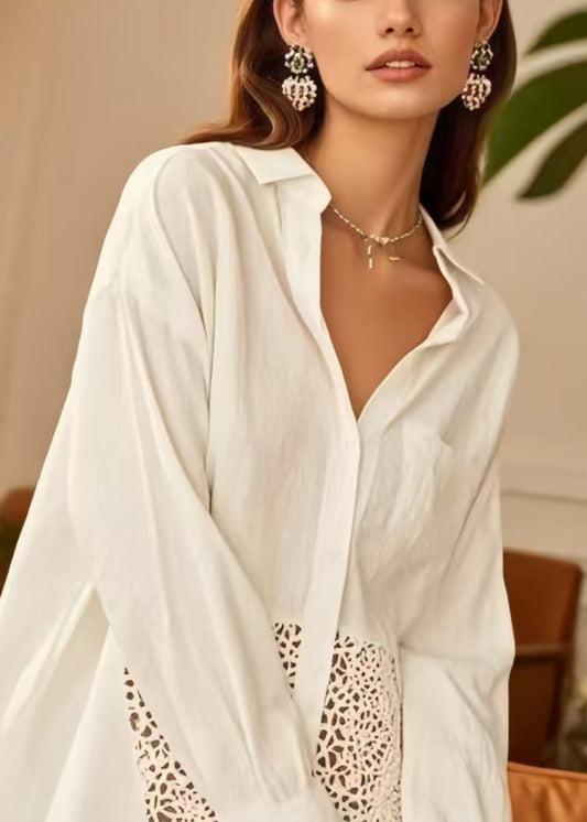 Simple White Oversized Patchwork Cotton Top Spring