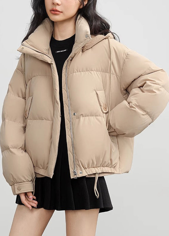 Khaki Button Pockets Drawstring Duck Down Puffer Coat