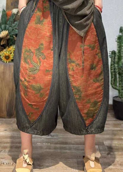 Retro Print Splicing Style Cotton Crop Pants Summer