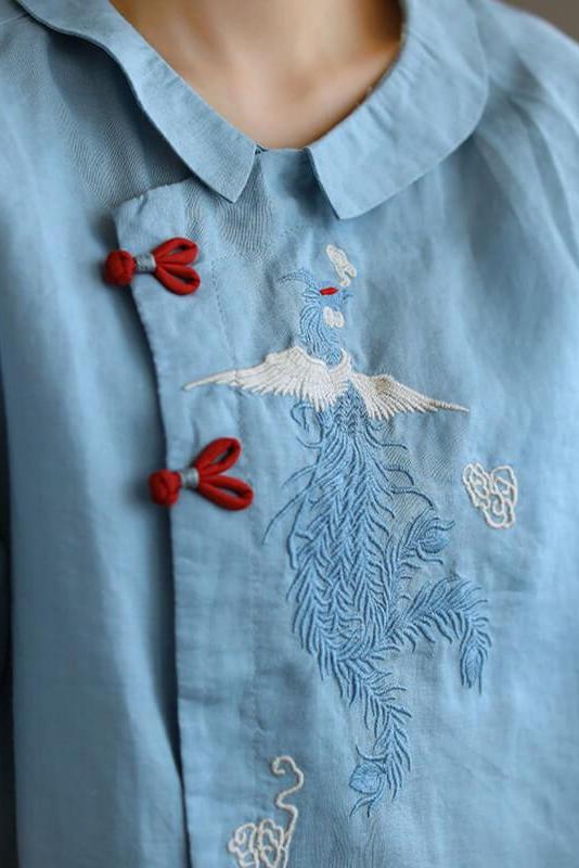 Embroidered Turn Down Collar Linen Retro T-shirt