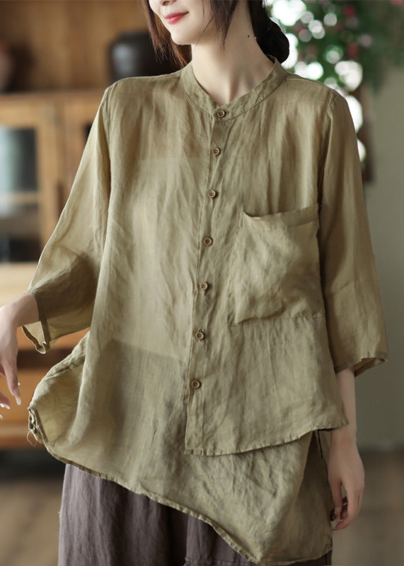 Green Stand Collar Pockets Button Linen Shirt Summer