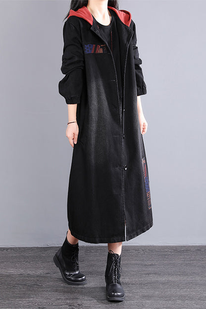 Hooded Patchwork Hooded Denim Jacket Long