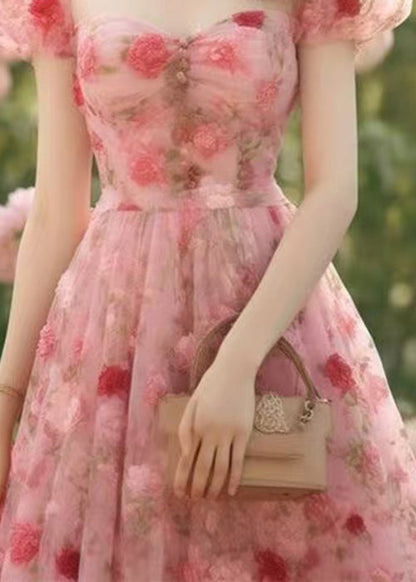 Pink Print High Waist Chiffon Long Dress Summer