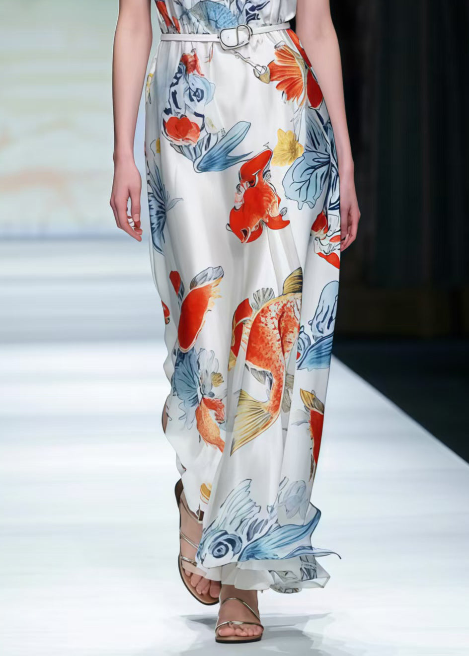 White V Neck Print Silk Tunic Dresses Summer