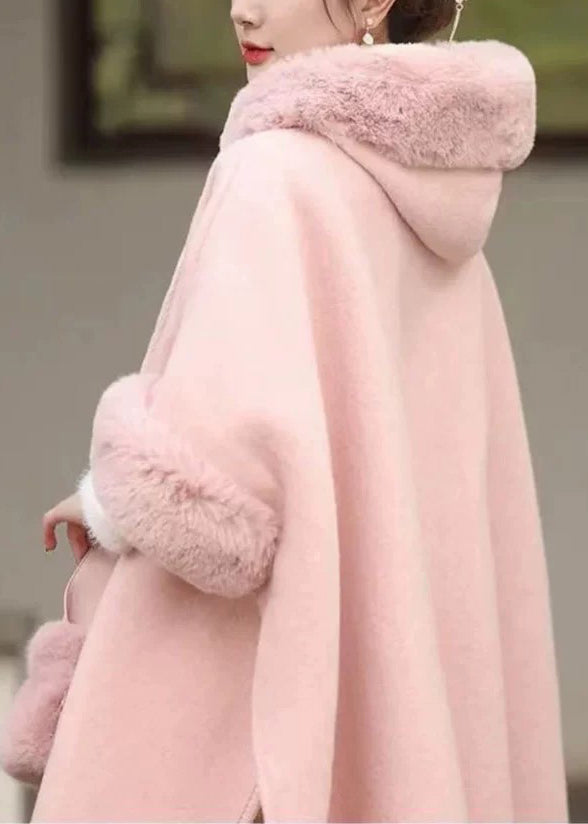 Pink Fur Collar Tassel Hooded Woolen Coat Fall