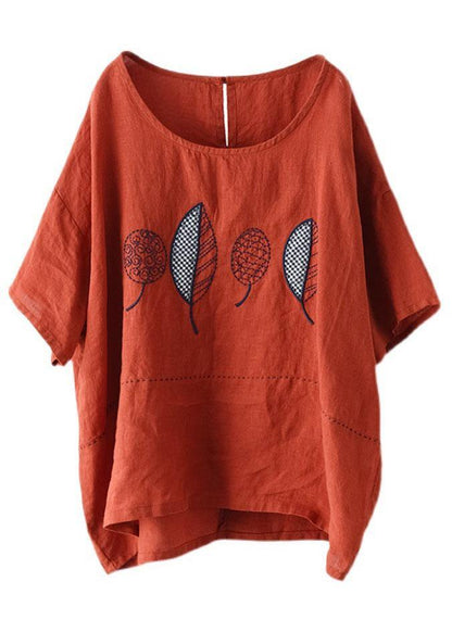 French Red Summer O-neck Embroidered Linen Half Sleeve T Shirt