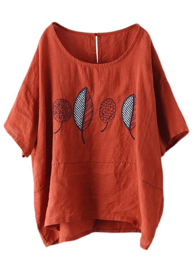 French Red Summer O-neck Embroidered Linen Half Sleeve T Shirt