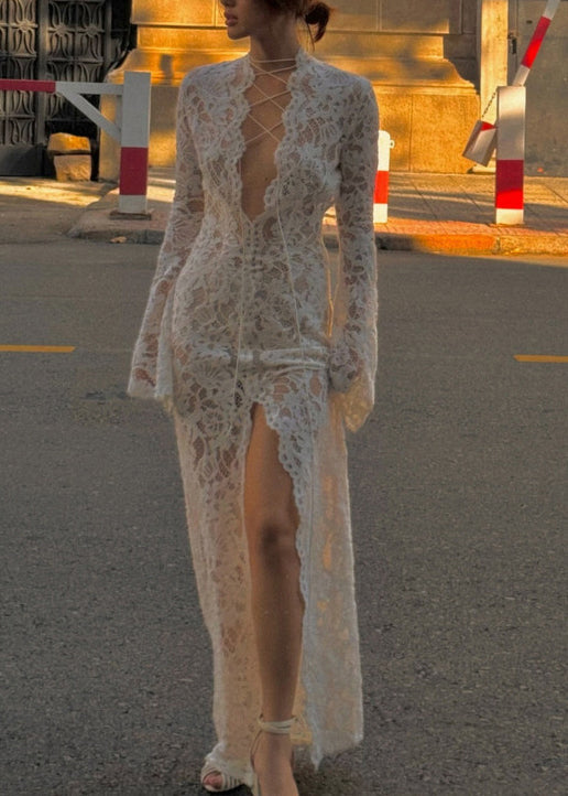 Stylish White Lace Up Front Open Lace Dress Flare Sleeve
