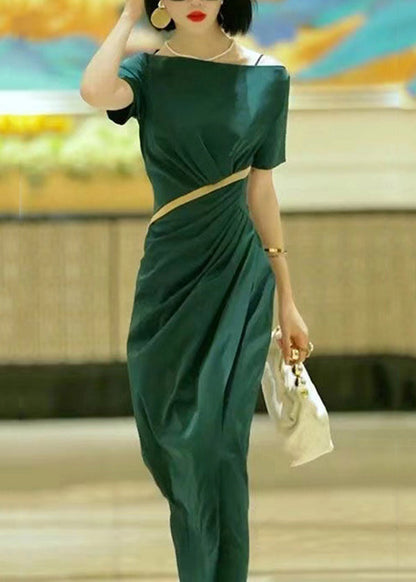Green Slash Neck Slim Fit Cotton Dress Summer