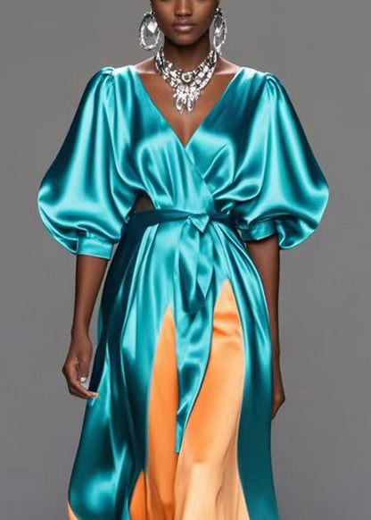 Green V Neck Patchwork Draping Silk Maxi Dress Summer