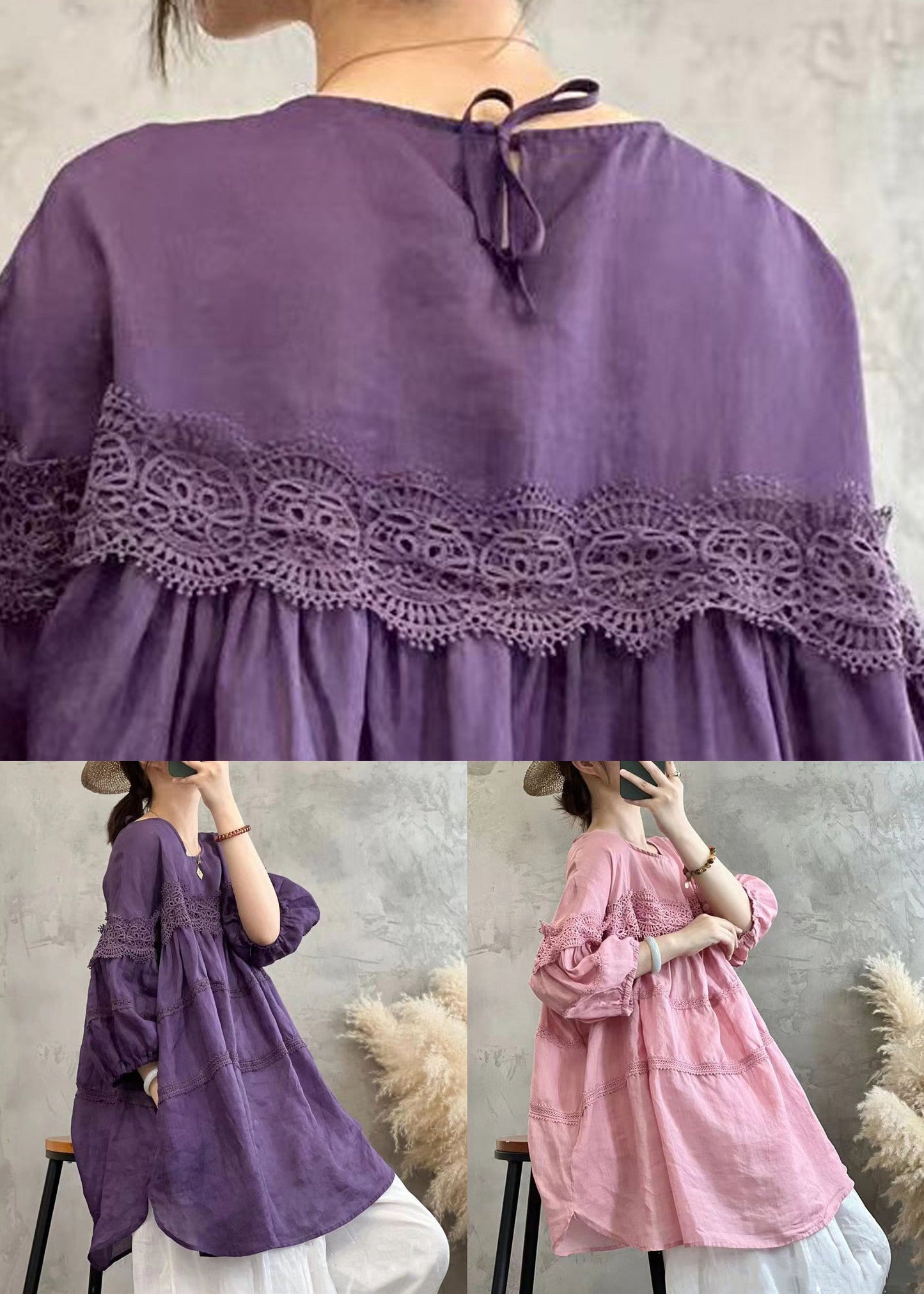 Simple Pink Lace Up Cotton T Shirt Long Sleeve