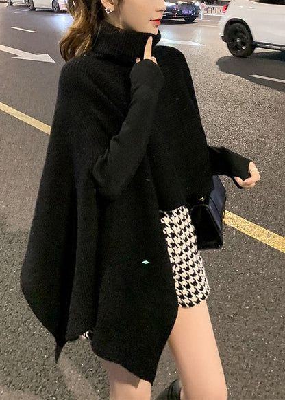 Black Turtleneck Asymmetrical Knit Cape Sweaters Spring