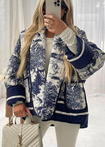 Handmade Navy Pockets Print Fine Cotton Filled Coat Fall