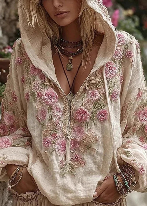Apricot Hooded Print Cotton Sweatshirt Spring