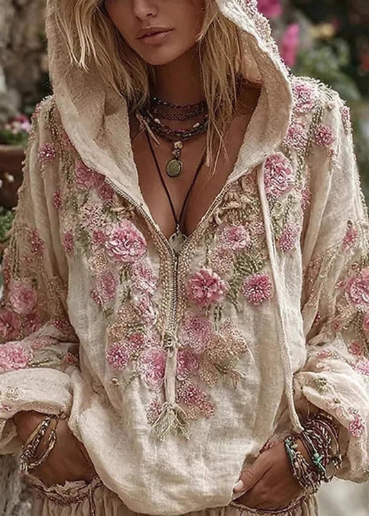 Apricot Hooded Print Cotton Sweatshirt Spring